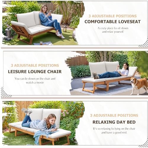 Devoko Outdoor Couch Acacia Wood Outdoor Sofa Balcony Furniture (White) - Image 4