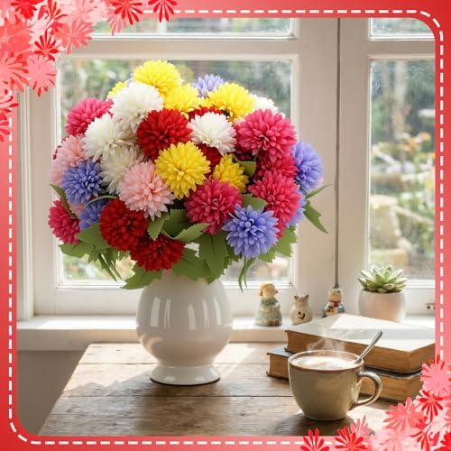 XunYee 12 Pcs Fall Artificial Flowers for Outdoor Faux Mums,Vivid Color - Image 4