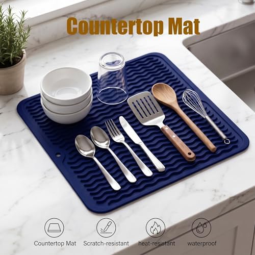 MicoYang Silicone Dish Drying Mat for Multiple Usage,Easy clean,Eco-friendly,Heat-resistant Silicone Mat for Kitchen Counter or Sink,Refrigerator or Drawer liner Navy Blue M 12 inches x 12 inches - Image 3