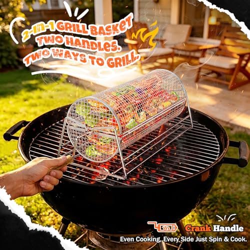 2-in-1 Rolling Grill Basket 304 Stainless Steel Rotatable with Dual Handles - Image 4