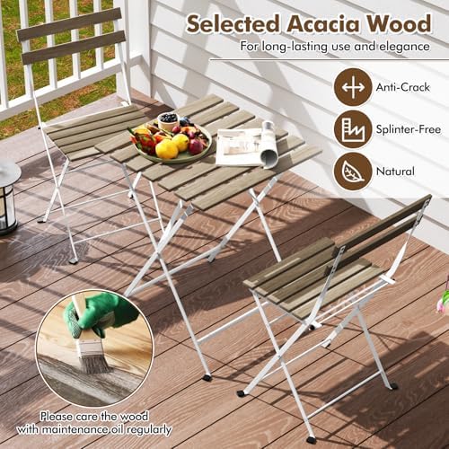 Giantex 3-Piece Acacia Wood Bistro Set, Patio Bistro Table with 2 Folding Chairs, Slatted Seat & Tabletop, Metal Frame, Outdoor Furniture Set for Backyard, Porch, Garden, Poolside (White + Gray) - Image 5