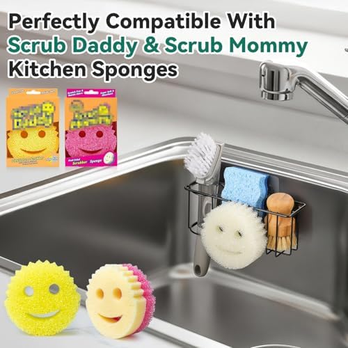 3-IN-1 Multiuse Sponge Holder for Kitchen Sink, Sponge Caddy for Scrub Daddy/Scrub Mommy Smiley Face, Sink Organizer Accessories for Dish Brush, Scrubber - with 2 Suction Cups & 1 Adhesive Hook - Image 6