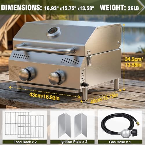 Bestfire Tabletop 2-Burner Gas Grill, 20,000 BTU Stainless Steel Portable Propane Grill, Removable Legs, Push-Button Ignition, Thermometer, for Outdoor Patio, Camping, Tailgating & RV - Image 2