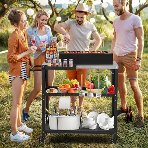 Outdoor Grill Cart Table, Pizza Oven Stand with Casters, Silver - Image 6