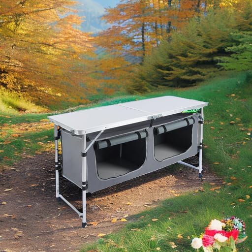 JOUYEK Camping Table, Folding Portable Kitchen Table with Storage Gray - Image 5