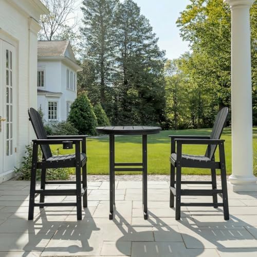 3-Piece HDPE Bar Height Table and Chairs Set, 31.1" Square High Top Pub Table with Umbrella Hole, 2 Adirondack Charis with Cup Holders, Outdoor Patio Dining Set for Bistro Backyard Deck Black by SCANORDIC