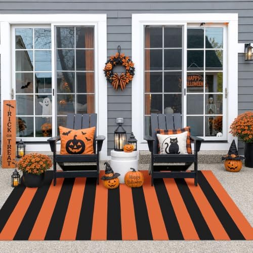 IOHOUZE Fall Striped Outdoor Rug 4x6, Washable Porch, Orange Black - Image 4