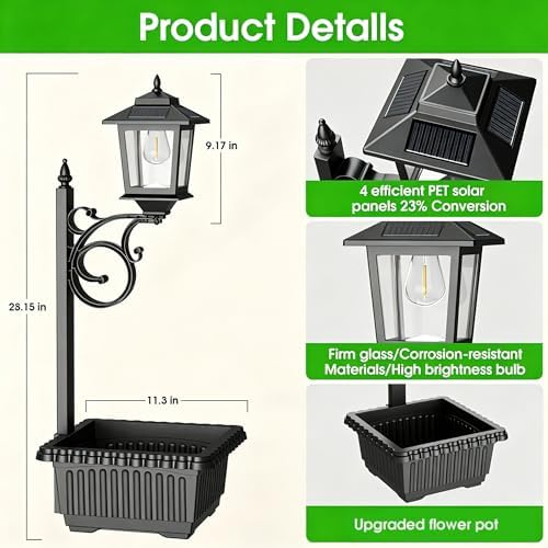 Melunar 1 Pack 2-in-1 Outdoor Flower Pot, Solar Post Lamp Waterproof, Solar Lamp Post Light, Wall Mount or Freestanding, Outdoor Decorative Lamp for Garden, Patio, Front Porch, Back Door, Warm White - Image 7