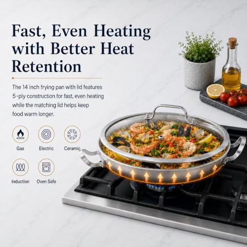Yeksum Tri-Ply 14.5 Inch Stainless Steel Paella Pan,12 Servings Paella Pan with Lid,18/10 Nonstick Large Skillet,Jumbo Cooker,Induction Pan,Skillets,for Outdoors,Camping,Parties - Image 6