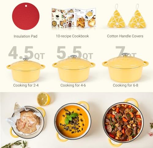 Overmont Enameled Cast Iron Dutch Oven - 4.5QT Pot with Lid Cookbook & Cotton Potholders - Heavy-Duty Cookware for Braising, Stews, Roasting, Bread Baking GooseYellow - Image 5
