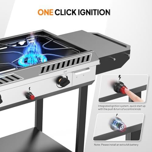 Bonnlo 2-in-1 Propane Stove and Griddle, Iginition Outdoor Gas Cooker with Storage Shelf and Portable Wheels, 2 Burner Camping Stove with 150000BTU Output for Backyard Cooking BBQ Frying and Boiling - Image 3