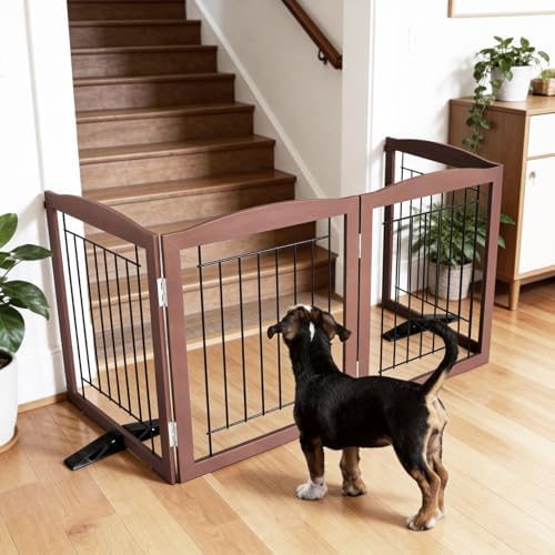 ZJSF Freestanding Dog Fence Indoor, Foldable Dog Gate for Doorways, Stairs or Hallways, Sturdy Wood Extra Wide Pet Gate with Support Feet for The House, Brown, 32 "Height-2 Panels - Image 3