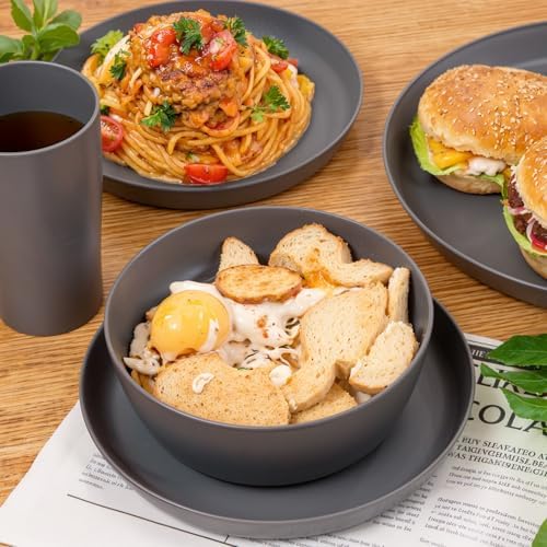 EjonirInjonir 24Pcs Unbreakable Dark Gray Wheat Straw Dinnerware Set for 6 - Image 5