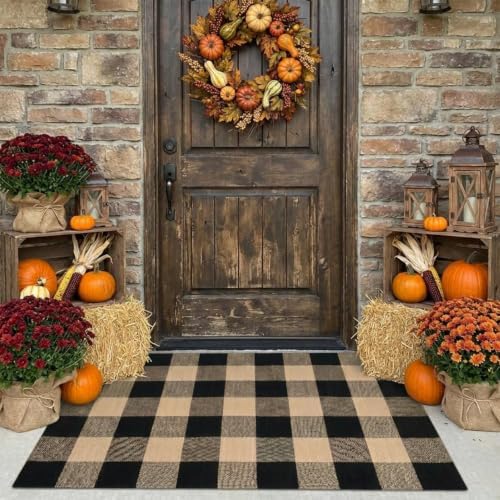 SEEKSEE Fall Decor Buffalo Plaid Outdoor Rug 27.5x43 Coffee and Black Front Door Mat, Layering Rug for Porch, Washable Doormat, Front Porch Rug for Outdoor Entrance Entryway Patio Porch Decor by SEEKSEE