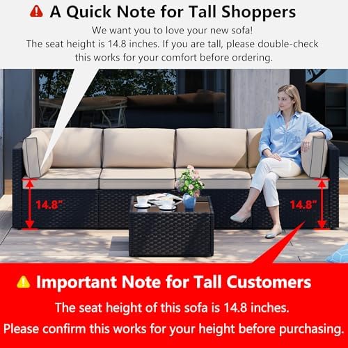 Shintenchi 5 Piece Outdoor Patio Furniture Set with Black PE Rattan, Khaki - Image 2