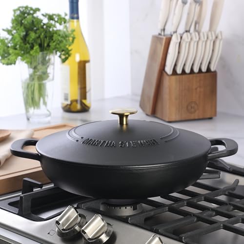 Martha Stewart Gatwick Enameled Cast Iron Braiser with Lid, 3.5-Quart Braiser Pan for Stovetop & Oven, Cast Iron Braising Pan with Gold Knob, Matte Black - Image 4