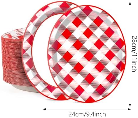50 PCS Checked Oval Paper Plates Large 11" Disposable Red & White Checkered Platter BBQ Party Decorations Summer Barbecue Supplies Favor for Gathering Picnic Carnival Birthday Party Tableware Set - Image 2