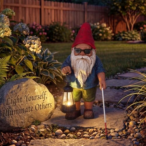 Solar Garden Gnome Outdoor Statue, 10.2 inches Blind Man Gnome with Lantern by Snclriao