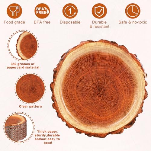 120 Pcs Rustic Wood Grain Dessert Paper Plate 9"Natural Farmhouse Wood Slice Paper Dessert Plates Camping Wood Grain Slice Service Trays for Camping Hunting Lumberjack Birthday Party Supplies - Image 3