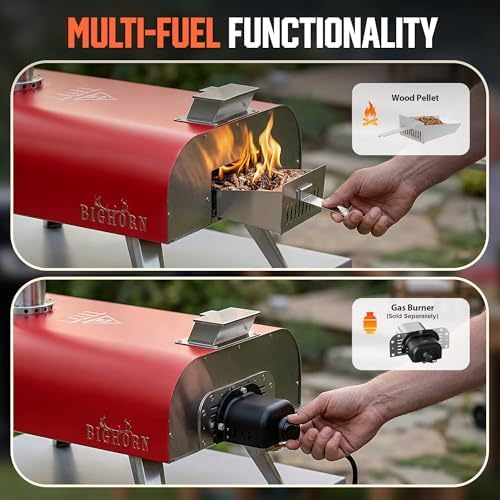 BIG HORN 16" Multi-Fuel Outdoor Pizza Oven – 2-in-1 Wood-Fired & Gas Compatible (Burner Sold Separately), 1112°F Outdoor Stainless Pizza Cooker, Portable for Party Usage, Red - Image 2