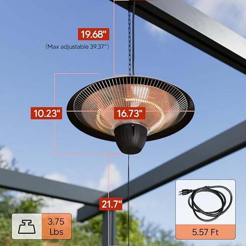1500W Electric Patio Heater, Hanging Infrared Outdoor Heater with Carbon Fiber Heating, Waterproof Ceiling Mounted Heater for Gazebo, Porch, Garage & Covered Patio - Image 4