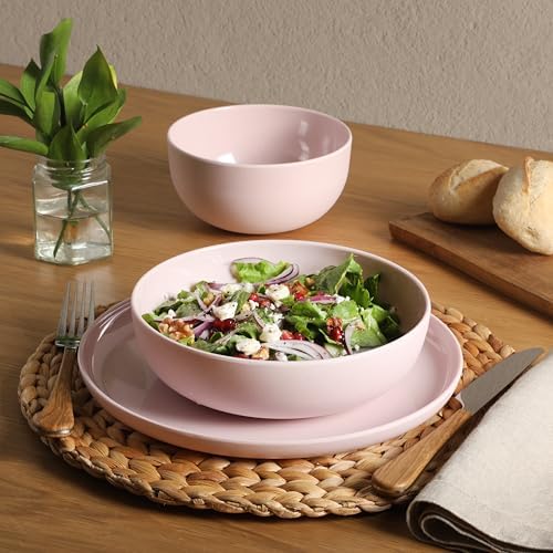 Gibson Home Candy Skies 12 Piece Unbreakable Wheat Straw Melamine Plates and Bowls Dinnerware Set - Outdoor, Camping, & Everyday Use - Matte Exterior/Shiny Interior Pink - Image 2