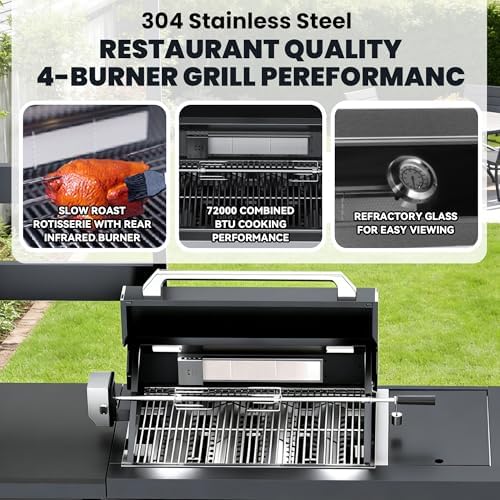 110-Inch 4-Burner 72000 BTU Propane Gas Grill Island with Shed, 304 Stainless Steel Black, Outdoor Kitchen with Wine Cooler, Rotisserie & Granite Countertops for Backyard BBQ, Black - Image 4