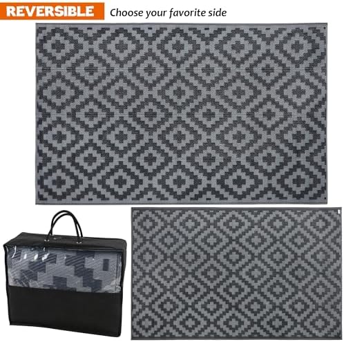 SAND MINE Waterproof Outdoor Rug 5x8 ft, Plastic Reversible Rug, Modern Area Rug, Large Floor Mat for Outdoors, RV, Patio, Backyard, Deck, Picnic, Beach, Camping, Black Grey Lattice - Image 3