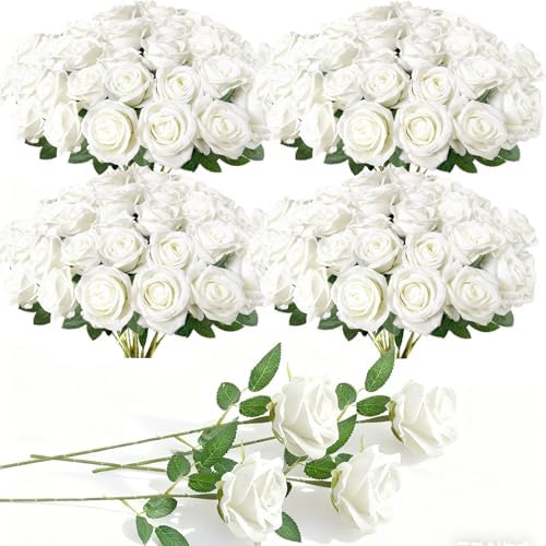 100Pcs White Roses Artificial Flowers with Stems，Fake Roses Bouquet Fake Flowers Bulk，Silk Velvet Roses for Wedding Centerpieces Arrangement Baby Shower Birthday Home Decor Gifts by Cherica