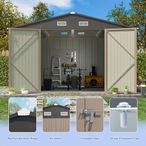 Patiowell 10x8 FT Outdoor Storage Shed, Metal Sheds, Brown - Image 3
