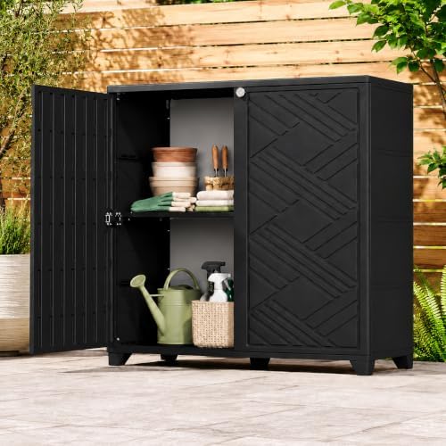 ADDOK Outdoor Storage Cabinet,60 Gallon Waterproof Resin Patio Storage Cabinet with 2 Adjustable Metal Shelf, Upright Outdoor Cabinet for Garden Tools, Pool Supplies, Toys, Porch and Garage by ADDOK