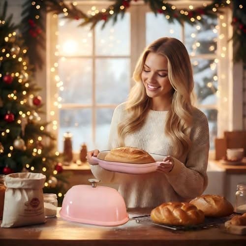 Cast Iron Bread Oven,6 QT Bread Oven,Thick Enameled Loaf Pan with Lid,Bread Pans for Homemade Bread,14.5"Dutch Oven for Bread Baking,Dutch Oven-with Silicone Baking Mat&Recipe,Gifts for Family,Pink - Image 2