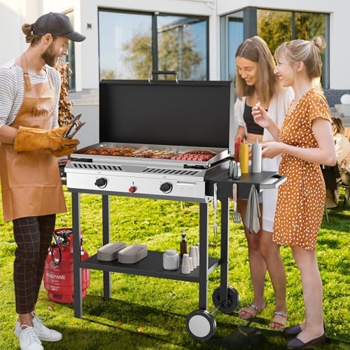 Bonnlo 2-in-1 Propane Stove and Griddle, Iginition Outdoor Gas Cooker with Storage Shelf and Portable Wheels, 2 Burner Camping Stove with 150000BTU Output for Backyard Cooking BBQ Frying and Boiling - Image 7