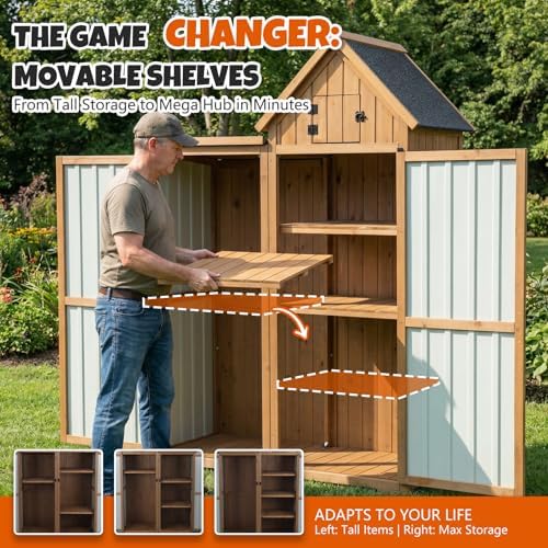 All-in-One Metal & Wood Outdoor Storage Cabinet with Top Compartment, Waterproof Asphalt Roof, Removable Shelves, Heavy-Duty Patio Garage Organizer - Image 6
