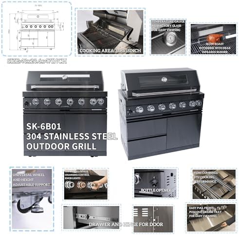 95-Inch Outdoor Kitchen Island Grill - 6-Burner 85000 BTU Natural Gas Grill w/Wine Cooler, Rotisserie Kit, Granite Countertops, Stainless Steel Sink, 304 Marine Grade SS, Patio, Lawn, Backyard, Black - Image 3