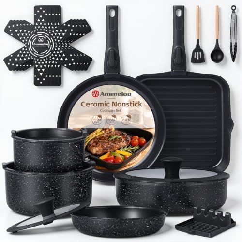 Ammeloo 21Pcs Pots and Pans Set Non Stick with Detachable Handle, Grill Pan by Unknown