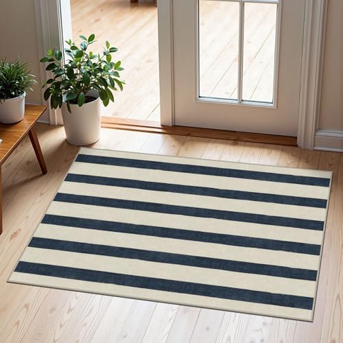 Blue and White Striped Outdoor Rug - 2x3 Non-Slip Front Door Mat by Othilic