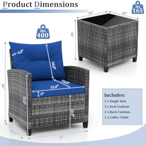 KOTEK 3 Piece Patio Furniture Set, Outdoor PE Rattan Conversation Set with Washable Cushions & Tempered Glass Tabletop, Wicker Chairs and Table Set for Porch, Garden, Balcony (Navy) - Image 6