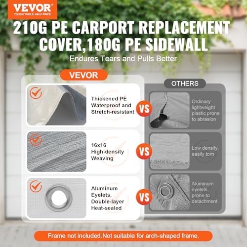 VEVOR Carport Replacement Canopy Cover Top + Side Wall 10 x 20 ft, Garage Tent Shelter Tarp Heavy-Duty Waterproof & UV Protected, Easy Installation with Ball Bungees,Grey (Frame Not Included) - Image 2