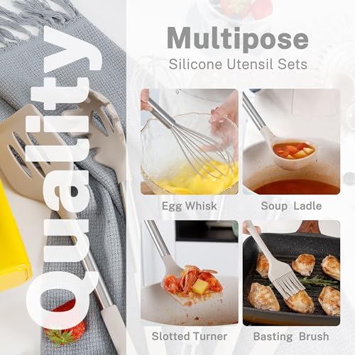 QMVESS Silicone Cooking Utensils Set, 28 Pcs Non-Stick Kitchen Utensils Set with Holder, 446°F Heat Resistant Spatula, Tongs, Spoons Set with Stainless Steel Handle Kitchen Gadgets (Khaki) - Image 4