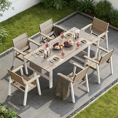 Outdoor Dining Chairs Set of 2,HDPE Patio Chairs with Wide Seat,Ergonomic Design Outdoor Furniture for Porch,Backyard,Deck,White Brown - Image 6