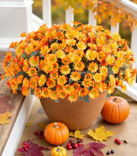 Daisy Artificial Flowers for Outdoors Autumn Fall Decor, 6 Bundles Fake Mums Orange Silk Flowers for Outside Look Real UV Resistant Fake Plants Faux Flowers for Planter Front Door Home Indoor Porch by INSPRING