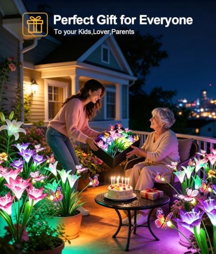 KOOPER Solar Lights Outdoor Garden Decor 8 Pack, 32 Lily Flowers and 24 Swaying Butterflies, IP65 Waterproof 7 Color Changing Solar Flower Lights for Yard Patio Pathway, Gifts for Mom Women Grandma - Image 7