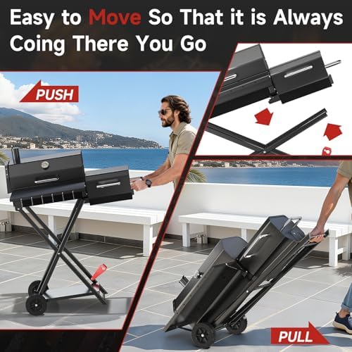 Portable Charcoal Grill with Smoking Function, Foldable Suitcase Design with Wheels, Multi-Tier Storage Rack & Waterproof Cover for Outdoor BBQ Parties (Black) - Image 3