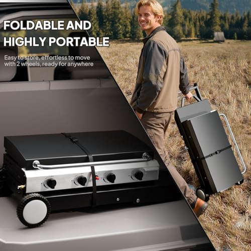 Bonnlo Foldable Flat Top Grill with 4 Burner & Lid, Powerful 40,000 BTU Propane Gas Grills with Ignition, Enamel Griddle, Side Shelf & Portable Cart with Wheels for Outdoor Camping Hibachi Grill Use - Image 3