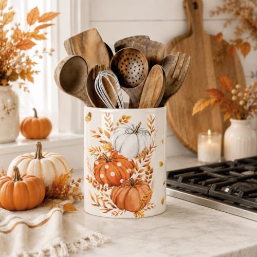 Fall Pumpkin Utensil Holder, Orange Autumn Decor Large Ceramic Utensil Holder For Kitchen Organizer, Farm 6.3'' Cooking Utensil Crocks Rustic Decor Utensil Storage Cup for Countertop - Image 2