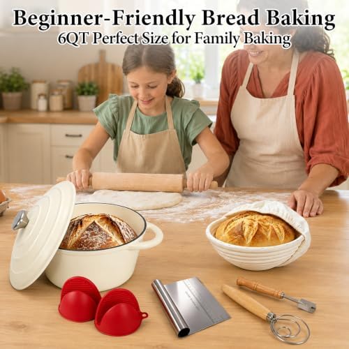 Enameled Cast Iron Dutch Oven 6QT with Lid-Banneton Basket Dough Tools - Image 2