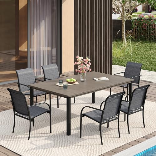 VICLLAX Patio Dining Set for 6, Outdoor Furniture Set Includes 63" Rectangle Patio Table and 6 Patio Sling Chairs, Outdoor Table and Chairs for Outsides, Grey Wood-Like Tabletop and Dark Grey Fabric by HOME