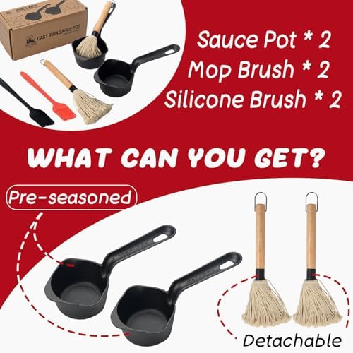 Cast Iron Sauce Pan and Basting Pot with BBQ Mop Brushes - Cast Iron Small Sauce Pots 2 Pcs for Grilling, Melting, Camping Cooking & Stoves - Mini Pot for Butter Melter - Image 4