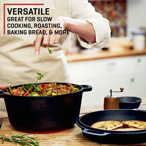 Uno Casa 2-in-1 Cast Iron Dutch Oven Large - 5 Quart Dutch Oven Pot with Lid, Pre-Seasoned Cooking Dish for Bread Baking and Stews - Heavy Duty Cast Iron Pot with Detachable Frying Pan Lid for Versatile Cooking - Image 6